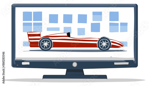 Red and white race car displayed on a modern television screen with a stylized background