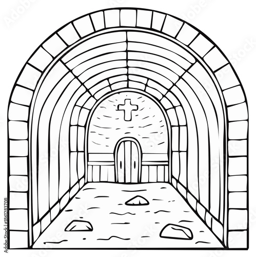 Stone Tunnel Passageway with Archway, Doorway, Cross, and Stones Illustration