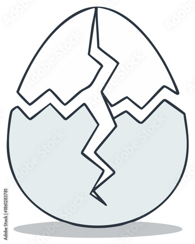 Cracked eggshell illustration, hatching or beginning concept, black outline on light blue filling.