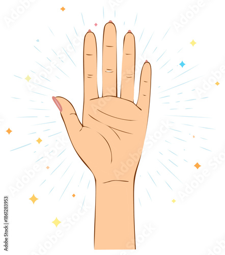 Clean manicured female hand raised in a stop gesture with magical sparkles vector illustration