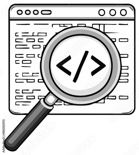 Magnifying glass over code symbol examining webpage HTML source code for computer programming.