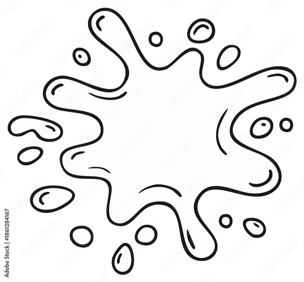 Fototapeta premium Cartoon splat of water or ink with drips isolated graphic line art element