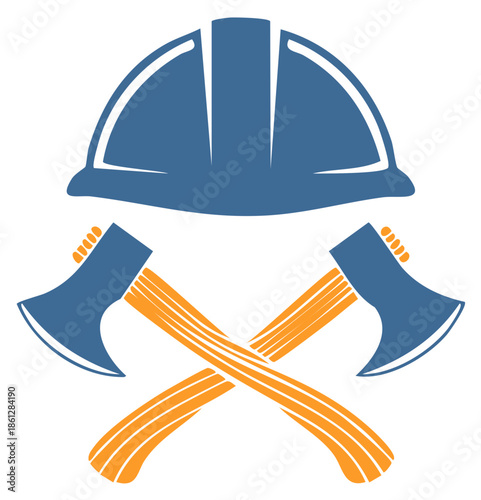 Crossed Axes with Construction Helmet Hard Hat Woodworking Logging Symbol