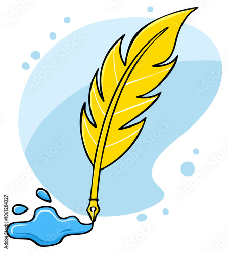 Bright Yellow Quill Pen Dipped in Blue Ink Splatter on Light Blue Background