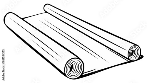 Unfurled ancient scroll or roll of material vector line art illustration
