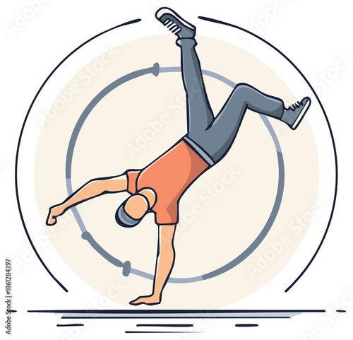 Breakdancer doing a handstand inside a circle cartoon illustration