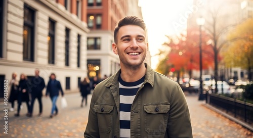 A young man smiles brightly while walking along a city sidewalk. The sun shines brightly with the trees showing autumn colors