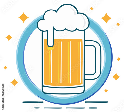 Beer mug icon with foamy brew inside a shiny blue circle, refreshing drink illustration