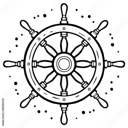 Nautical vessel steering wheel detailed vector drawing, ship's control isolated on white, symbolic transport navigation device sketch