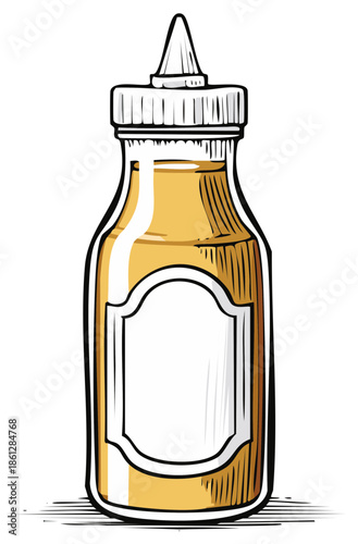 Bottle of golden yellow liquid condiment with blank label and applicator tip in cartoon vector style