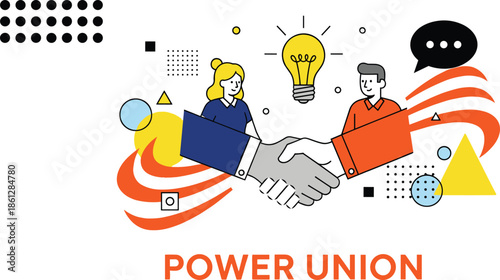 Handshake collaboration, creative partnership, glowing idea, teamwork concept, abstract background, innovation symbol, communication design, flat vector illustration