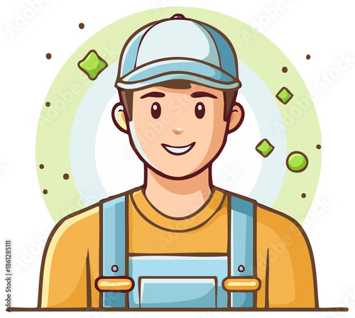 Smiling young handyman in a baseball cap and overalls cartoon vector illustration