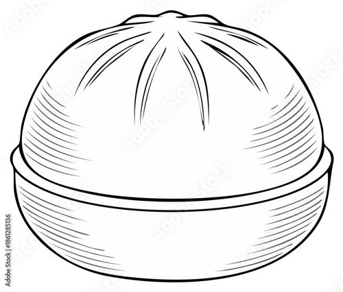 Engraved style black and white line art illustration of a traditional Asian steamed baozi bun