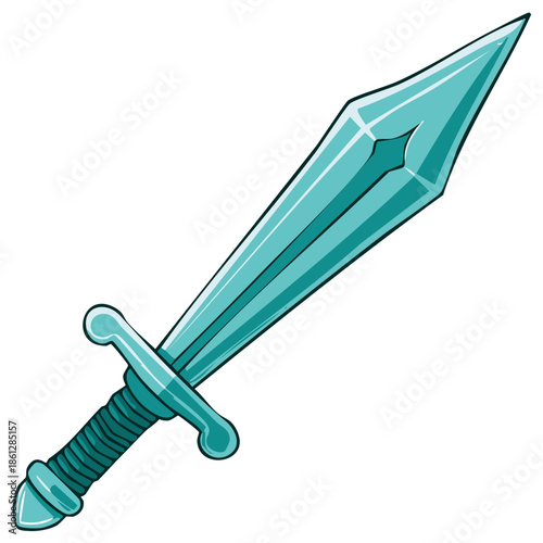 Vibrant teal fantasy sword illustration with glowing crystal blade and ornate hilt