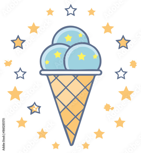 Cartoon ice cream cone with blue ice cream and star sprinkles