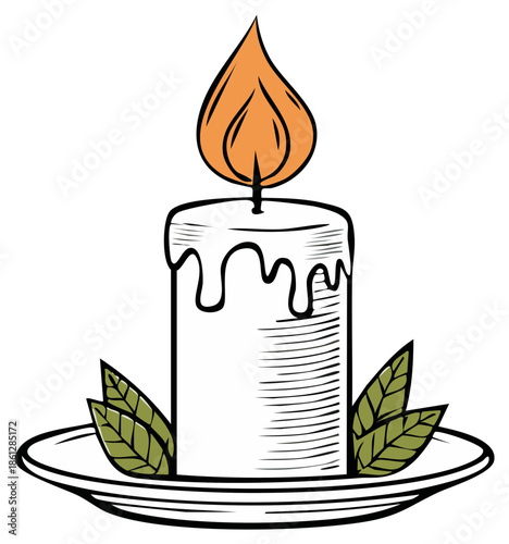 White candle with melting wax drips and green leaves on a plate, warm flame burning brightly