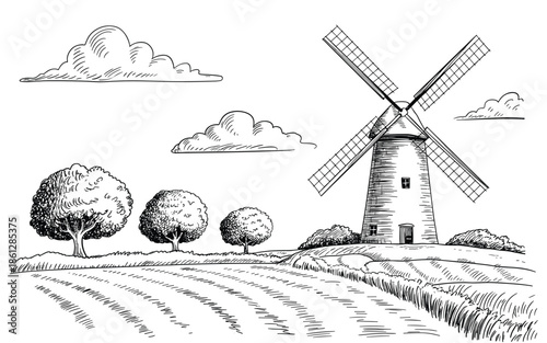 Traditional old windmill illustration in agricultural farm field with scenic trees and fluffy sky background clouds,