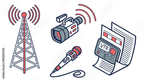 Illustration showing a radio tower, video camera, microphone, and vtr machine with documents on a white background