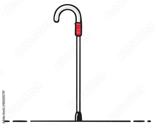 Stylized white cane with red grip essential mobility aid for blind and visually impaired people
