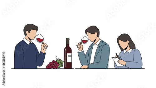 Group of people tasting wine and taking notes at wine tasting  