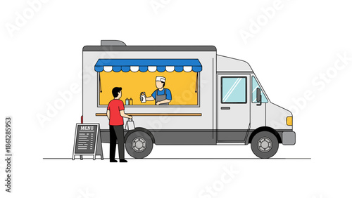 Food truck serving customers with fresh beverages in urban setting  