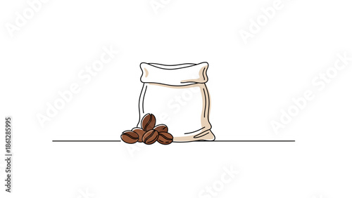 Coffee bag with beans on white surface in minimalist style  