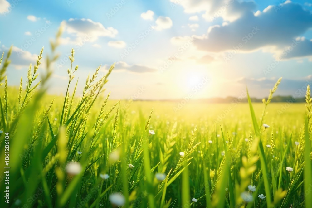 Fototapeta premium A gentle summer breeze ruffles the tall grasses in a sun-drenched meadow, creating a wave-like effect The scene evokes feelings of warmth, peace, and freedom , sky, picturesque