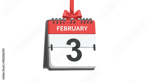 A vibrant red and white desk calendar prominently displaying February 3rd with an elegant celebratory bow