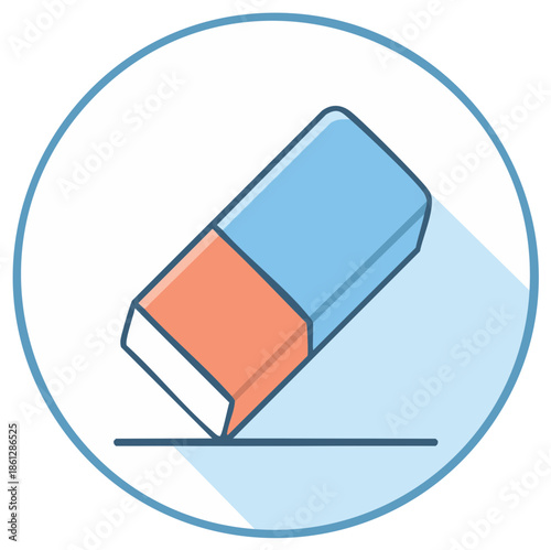 Flat design blue and pink rubber eraser icon deleting a line within a circular outline for error correction.