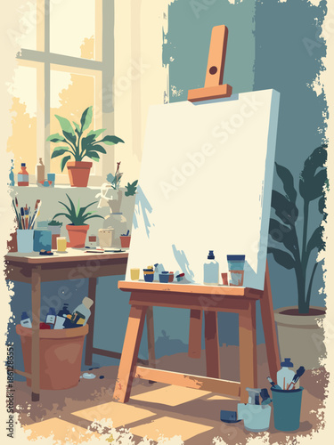 Vector sketch of a painter's easel with a blank canvas and messy palette. Artist studio vibe