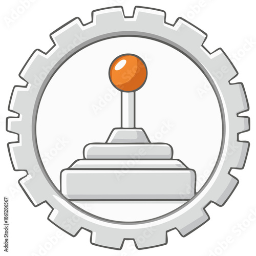 Retro arcade joystick controller inside a mechanical engineering gear icon