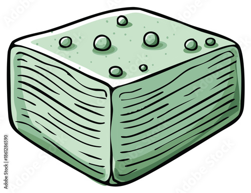 Green block with bubbles and dots