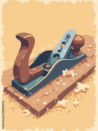 Sketch of a carpenter's wood plane and wood shavings. Woodworking craft concept. Textured lines