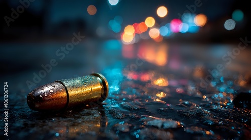 Single bullet cartridge on wet asphalt with colorful bokeh lights reflecting in puddles creating dramatic urban night scene for crime thriller concepts.
