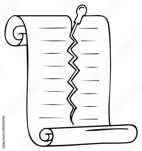 Torn scroll paper with jagged rip and detached pin symbolizing broken agreement or bad news