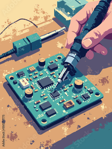 A doodle style sketch of a soldering iron and circuit board. Electronics hobby concept