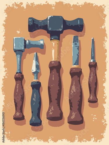 Vector drawing of a leather-working hammer and punch set. Artisan tools. Strong outline