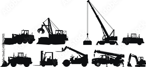 Set of Heavy Construction Machinery Silhouettes Including Bulldozer, Crane, Excavator, Backhoe, and Forklift, Industrial Equipment, Engineering, Building, Mining Vector.