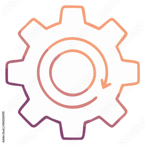 Outlined Gear with Cyclic Arrow Represents Progress, Rotation, and Mechanical Engineering Principles; Smooth Orange and Purple Gradient