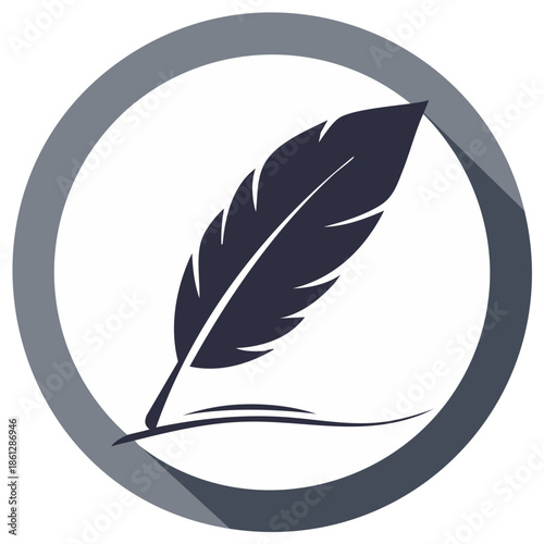 Feather quill writing instrument with a dark shadow inside a circular frame representing creativity