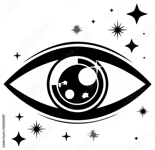 Celestial Eye with Universe Reflection and Star Embellishments in Monochrome Illustration