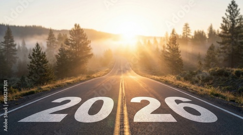 New year 2026 or start straight concept. word 2026 written on the road in the middle of asphalt road at sunrise. Concept of planning and new opportunities