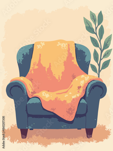 Vector doodle of a weighted blanket draped over a chair. texture lines showing fabric softness. Hygge concept