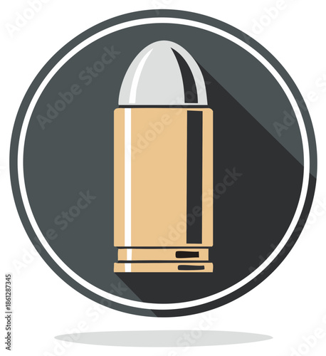 Handgun bullets single round on round icon with drop shadow in illustrative style