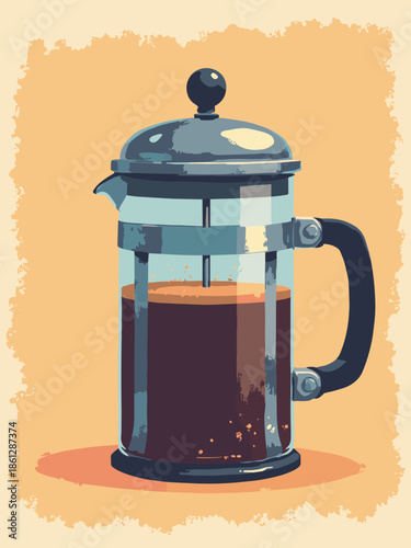 A detailed sketch of a French Press coffee maker. Plunger details. Cafe menu vector
