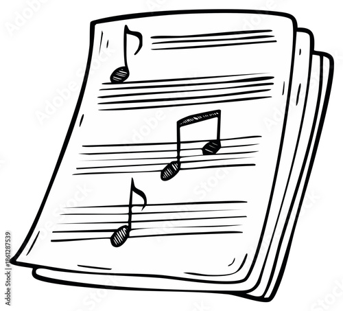 Sheets of music with musical notes on white paper, doodle style illustration, hand drawn