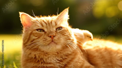 Cat and chick close up in sunlight