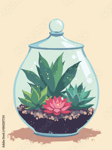 Line art illustration of a terrarium with succulents. Glass reflection details. Indoor gardening