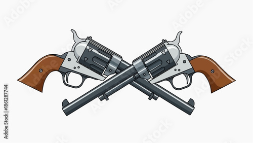 Crossed revolver pistols with brown grips and metal frames