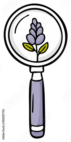 Simple hand-drawn magnifying glass examining a purple plant, a cartoon botanical illustration